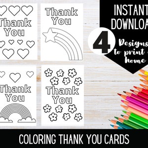 PRINTABLE Thank You Coloring Cards Color your own thank you card DIGITAL DOWNLOAD Coloring activity for kids Print at home cards image 1