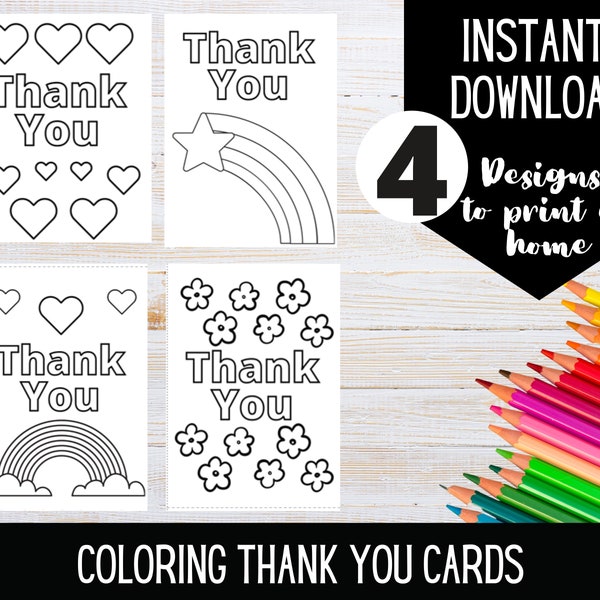 PRINTABLE Thank You Coloring Cards | Color your own thank you card | DIGITAL DOWNLOAD | Coloring activity for kids | Print at home cards