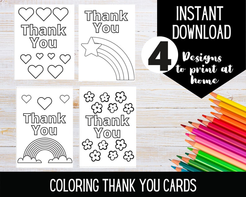 PRINTABLE Thank You Coloring Cards Color your own thank you card DIGITAL DOWNLOAD Coloring activity for kids Print at home cards image 1