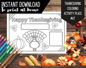 Afdrukbare THANKSGIVING activiteit placemat voor kinderen | BEWERKBAAR | Thanksgiving kleuractiviteit