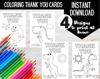 AFDRUKBARE dinosaurus kleuren dank u kaarten | DIGITALE DOWNLOAD | Kleur je eigen dinosaurus bedankkaart | Dinosaurus kleuren| Kleurkaart