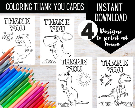 PRINTABLE Dinosaur Coloring Thank You Cards DIGITAL DOWNLOAD | Etsy