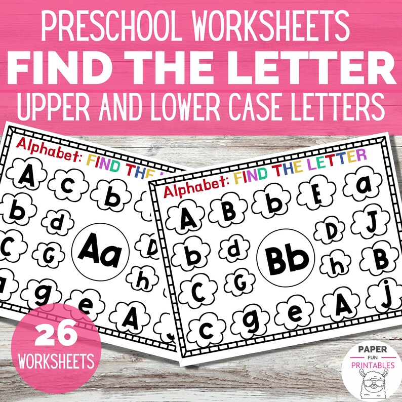 May include: Two preschool worksheets with the text "FIND THE LETTER" and "UPPER AND LOWER CASE LETTERS". Each worksheet features a cloud-shaped border with letters of the alphabet. The worksheets are designed for educational activities.