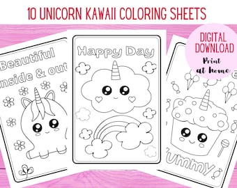 Puede incluir: Diez páginas para colorear en blanco y negro con lindos unicornios kawaii. Las páginas incluyen frases como "Hermosa por dentro y por fuera" y "Día feliz".