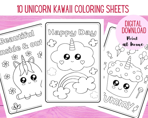 Unicorn Coloring Pages. 10 cute unicorn Kawaii coloring