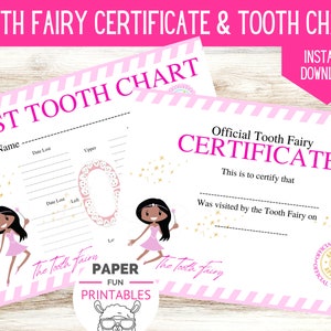Certificado de diente perdido Hada de los dientes negros / Certificado de hada de los dientes personalizado y tabla de dientes imprimible con hada de piel oscura EDITABLE INSTANTE