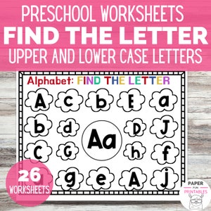 May include: A preschool worksheet with the text "PRESCHOOL WORKSHEETS FIND THE LETTER UPPER AND LOWER CASE LETTERS." The worksheet features the alphabet with upper and lowercase letters in cloud shapes. The text "26 WORKSHEETS" is also visible.