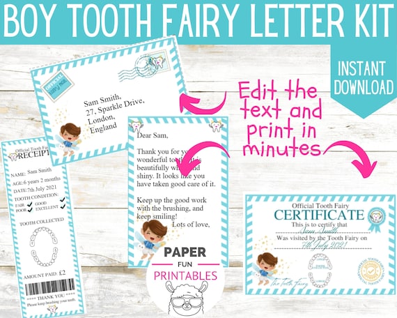 Tooth Fairy Letter for boy. INSTANT EDITABLE Tooth Fairy Kit. Lost tooth certificate. First tooth. Lost tooth Printable tooth fairy note 