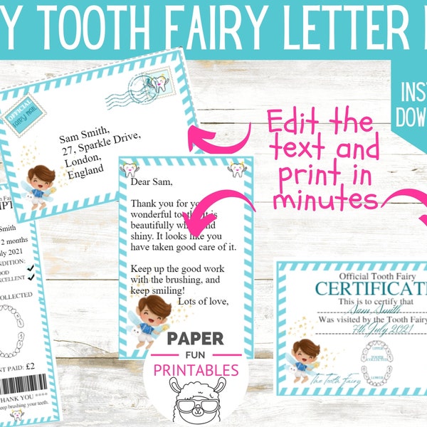 Tooth Fairy Letter for boy. INSTANT EDITABLE Tooth Fairy Kit. Lost tooth certificate. First tooth. Lost tooth Printable tooth fairy note