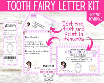 Tooth Fairy Letter| INSTANT EDITABLE Black Tooth Fairy Kit With Afro American Tooth Fairy. Dark skin fairy Printable tooth fairy note