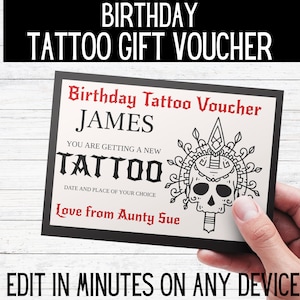 Tattoo Gift Voucher Template : Birthday tattoo voucher. Editable voucher for tattoo gift card. Get inked gift editable voucher