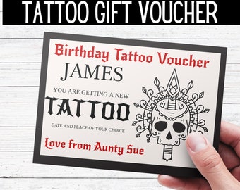 Tattoo Gift Voucher Template : Birthday tattoo voucher. Editable voucher for tattoo gift card. Get inked gift editable voucher