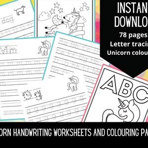 Unicorn ABC Letter Tracing Writing Worksheet. Learn to write the Alphabet handwriting book (Kindergarten Worksheet)  Digital Download