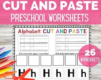 Werkblad voorschoolse | Knip en plak ABC-werkbladen | Leer hoofdletters en kleine letters en schaarvaardigheden | Voorschoolse leerplan