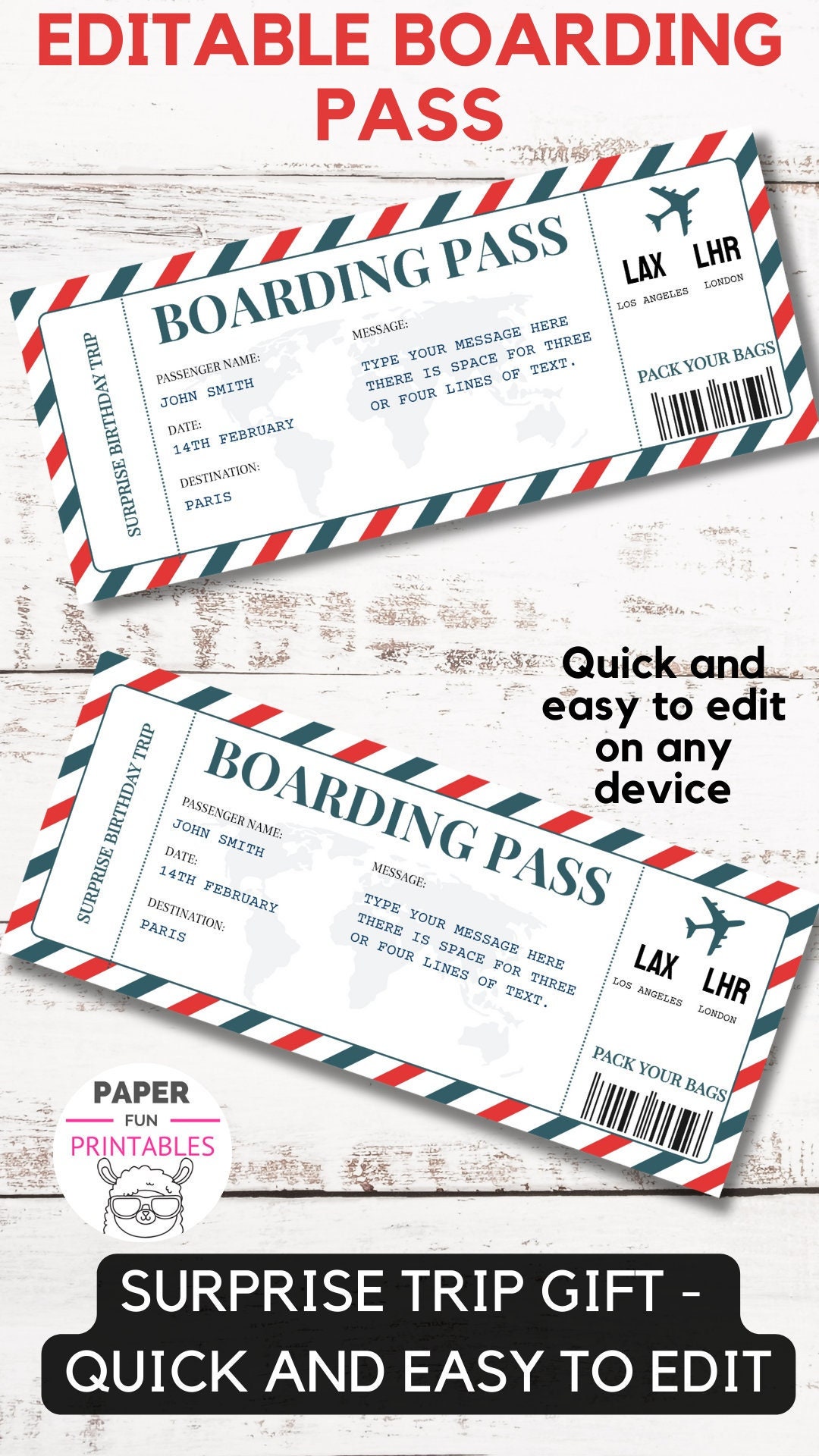 Surprise Trip Ticket Template EDITABLE Airline Boarding Pass for Surprise Trip Ticket Template EDITABLE Airline Boarding Pass for