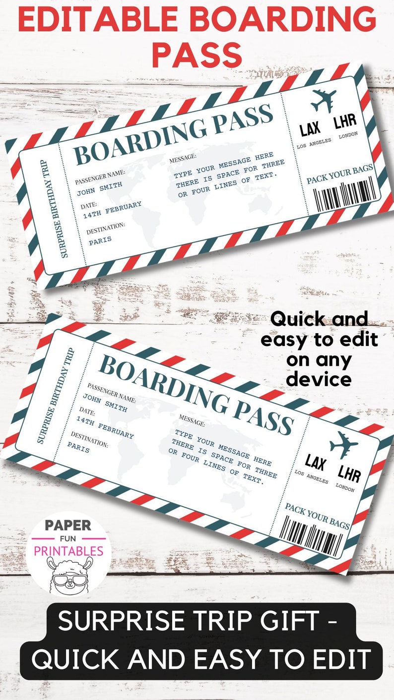 Surprise Trip Ticket Template. EDITABLE Airline Boarding Pass for ...