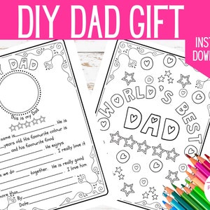 May include: Printable coloring pages for Father's Day. The first page has a frame with the words "My Dad" and a space to write about your dad. The second page has a frame with the words "World's Best Dad" and stars and hearts.