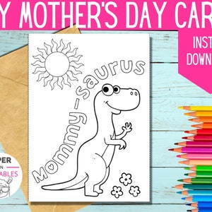 Tarjeta para colorear imprimible. Mami- saurio. Tarjeta DIY para el día de la madre: Tarjeta para colorear del Día de la Madre de Dinosaurios para niños. DESCARGA digital instantánea