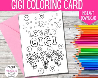 Printable coloring card for GiGi. Color your own GiGi card for Mothers Day or Grandma birthday. GiGi gift from grandkids. Instant DOWNLOAD