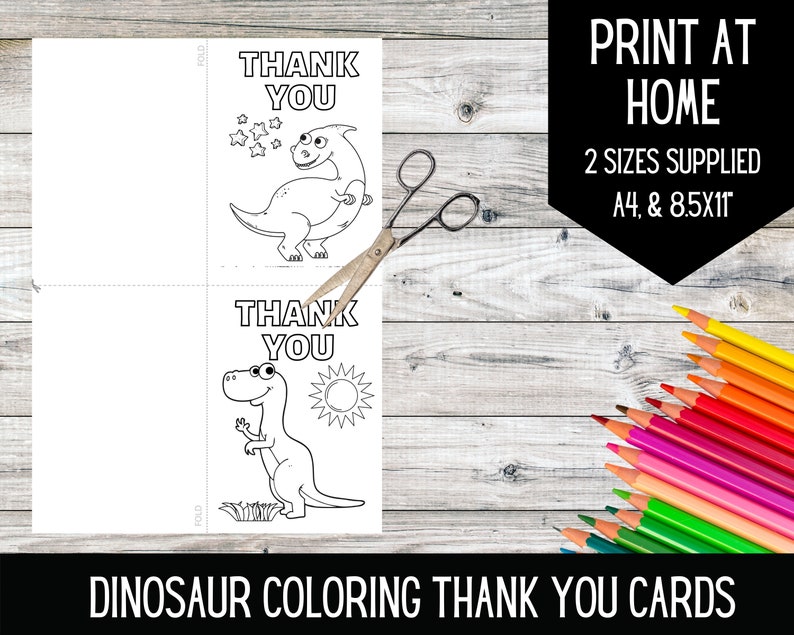 PRINTABLE Dinosaur Coloring Thank You Cards DIGITAL DOWNLOAD Color Your