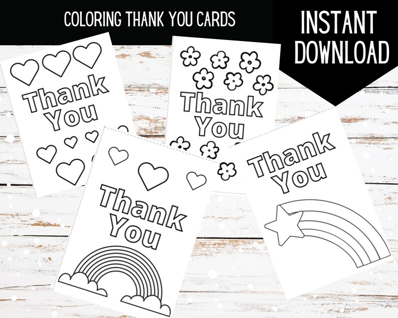 PRINTABLE Thank You Coloring Cards Color your own thank you card DIGITAL DOWNLOAD Coloring activity for kids Print at home cards image 2