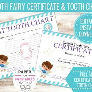 Certificado Boy Tooth Fairy para o primeiro dente e tabela dentária para impressão. Certificado de dente perdido | DOWNLOAD INSTANTÂNEO