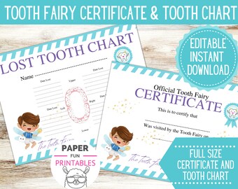 Jongentandenfee-certificaat voor de eerste tand en afdrukbare tandkaart. Verloren tandcertificaat | DIRECTE DOWNLOAD