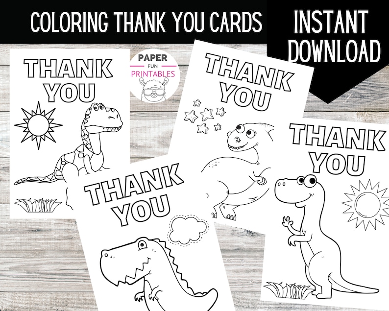 PRINTABLE Dinosaur Coloring Thank You Cards DIGITAL DOWNLOAD Color Your