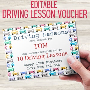 Driving Lessons Voucher Template : Driving lesson gift editable voucher. Learner driver 17th birthday gift voucher. Learn to drive gift