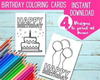 Tarjetas para colorear de CUMPLEAÑOS imprimibles / Colorea tu propia tarjeta de cumpleaños DIY / DESCARGA digital / Tarjetas de cumpleaños para colorear para niños /