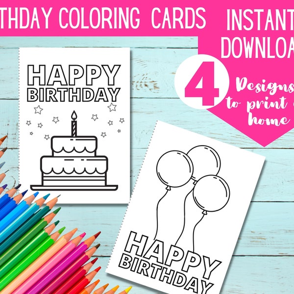 Printable BIRTHDAY Coloring Cards | Color your own DIY birthday card | Digital DOWNLOAD | Coloring birthday cards for kids |