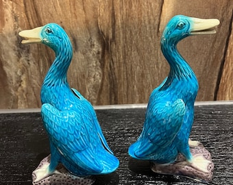 Two Chinese export Porcelain Geese or Goose bird figurines teal blue in polychrome enamels