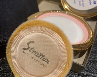 Stratton Shell Convertible Powder compact Midnight blue foil with gold outline flower shape. Blue and gold - unused with all parts