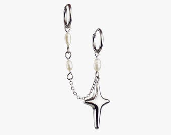 Star & Pearls Silver Double Earring CELESTIAL (Sold individually) - Dainty Handmade Jewelry, Stainless Steel, Freshwater Pearls, Women Gift