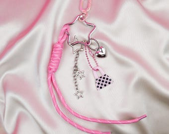 Pink Bag Charm - Silver Chain Bag Accessory, Backpack Keychain Charms, Star Cute Charm, Polka Dot Handbag, Iridescent Trendy Women Gift