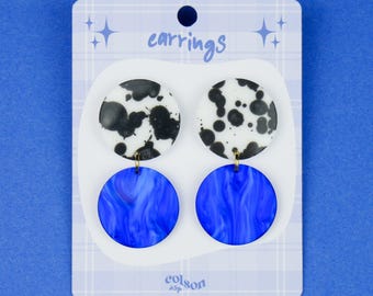 Round Dangle Earrings " DUO - blue & cow print " Handmade Jewelry, Laser Cut Lightweight Acrylic, Stainless Steel, Trendy Fall Women Gifts