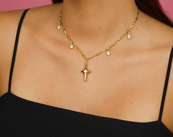Necklace " CONSTELLATION - gold " Handmade Jewelry, Gold Dainty Necklace, Stainless Steel, Freshwater Pearls, Trendy Women Gift