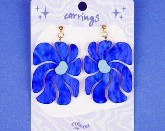 Chunky Flower Dangle Earrings " GROOVY DAISY - blue " Handmade Jewelry, Laser Cut Lightweight Acrylic, Stainless Steel, Women Gifts
