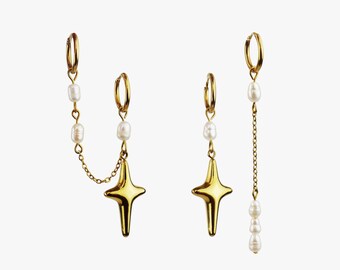 Earrings " CONSTELLATION - gold " Handmade Jewelry, Gold Dainty Earrings, Stainless Steel, Freshwater Pearls, Trendy Women Gift