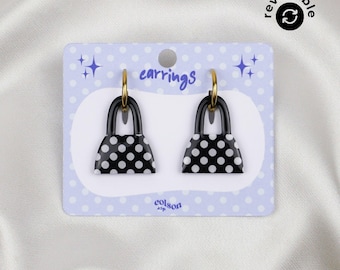 Earrings " PURSE FIRST - black polka dot " Handmade Jewelry, Lightweight Acrylic, Stainless Steel, Women Gift