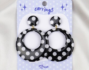 Earrings " ROUND HOOPS - black polka dot " Handmade Jewelry, Lightweight Acrylic, Stainless Steel, Women Gift
