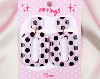 Earrings " RETRO SQUARE - pink polka dot " Handmade Jewelry, Lightweight Acrylic, Stainless Steel, Women Gift