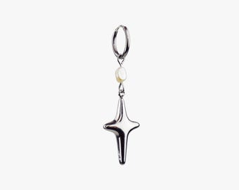 Star & Pearl Silver Single Earring TWINKLE (Sold individually) - Dainty Handmade Jewelry, Stainless Steel, Freshwater Pearl, Women Gift