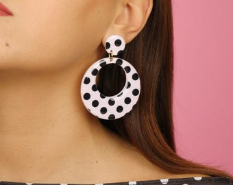 Earrings " ROUND HOOPS - pink polka dot " Handmade Jewelry, Lightweight Acrylic, Stainless Steel, Women Gift