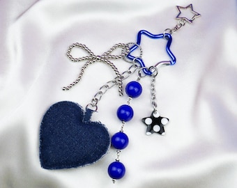 Denim Blue Bag Charm - Silver Chain Bag Accessory, Backpack Keychain Charms, Beaded Cute Charm, Polka Dot Star Heart Bow, Trendy Women Gift