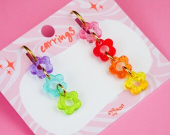 Small Flower Chain Hoop Earrings " RAINBOW BOUQUET - multicolor " Handmade Jewelry, Lightweight Acrylic, Stainless Steel, LGBTQ+ Gift