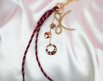 Leopard & Red Bag Charm - Gold Chain Bag Accessory, Backpack Keychain Charms, Beaded Gold Bow, Leopard Print Burgundy, Trendy Women Gift
