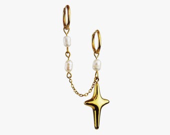 Star & Pearls Gold Double Earring CELESTIAL (Sold individually) - Dainty Handmade Jewelry, Stainless Steel, Freshwater Pearls, Women Gift