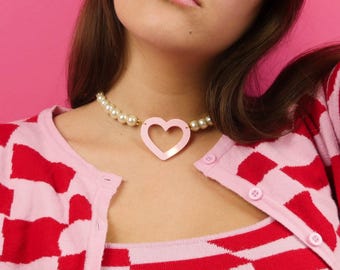 Heart & Pearls Choker Necklace " LADY LOVE - 2 colors available " Handmade Jewelry, Stainless Steel, Kawaii Lightweight Acrylic, Women Gift