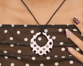 Necklace " ROUND PENDANT - pink polka dot " Handmade Jewelry, Lightweight Acrylic, Stainless Steel, Women Gift